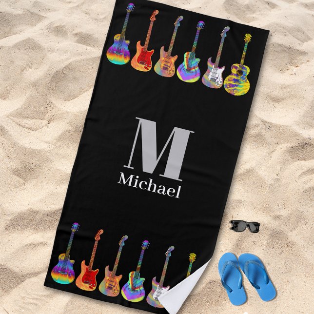 Personalised Psychedelic Guitars Black Beach Towel (Guitar pattern custom monogram beach towel with funky psychedelic guitars on black for musicians )