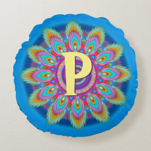 Personalised psychedelic round throw cushion blu2