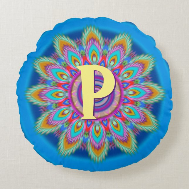 Personalised psychedelic round throw cushion blu2 (Front)