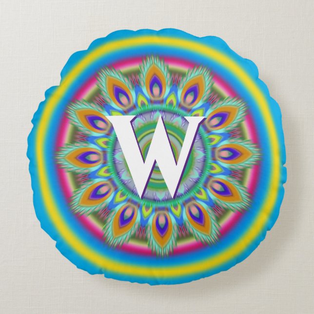 Personalised psychedelic round throw cushion blue (Front)