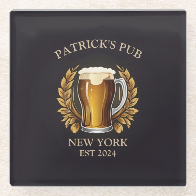 Personalised Pub Sign for Home Bar Beer Glass Logo Glass Coaster (Front)