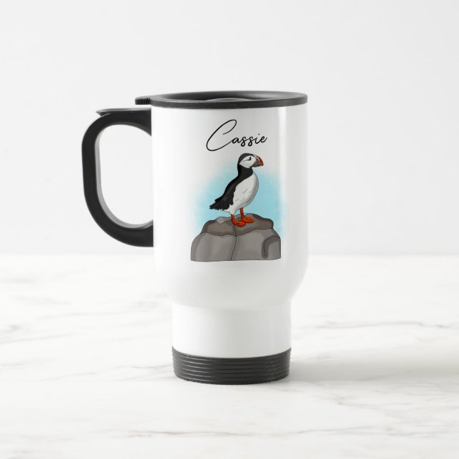 Personalised Puffin on a Rock Travel Mug (Left)
