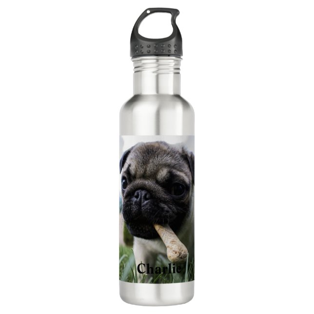 Personalised Pug Dog Photo and Name 710 Ml Water Bottle (Front)