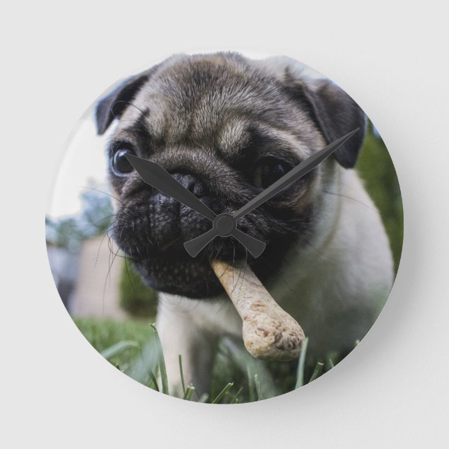 Personalised Pug Dog Photo and Name Round Clock (Front)