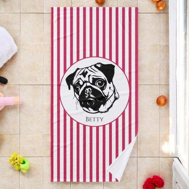 personalised pug dog trendy stylish custom  bath towel (fun cute towel featuring a pug , ideal for a personalized dogs towel or a gift for a pug lover)