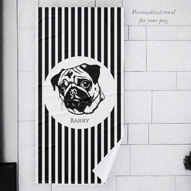 personalised pug dog trendy stylish custom  bath towel (personalized dogs towel , modern stylish bathtime fun for your beloved dog. )