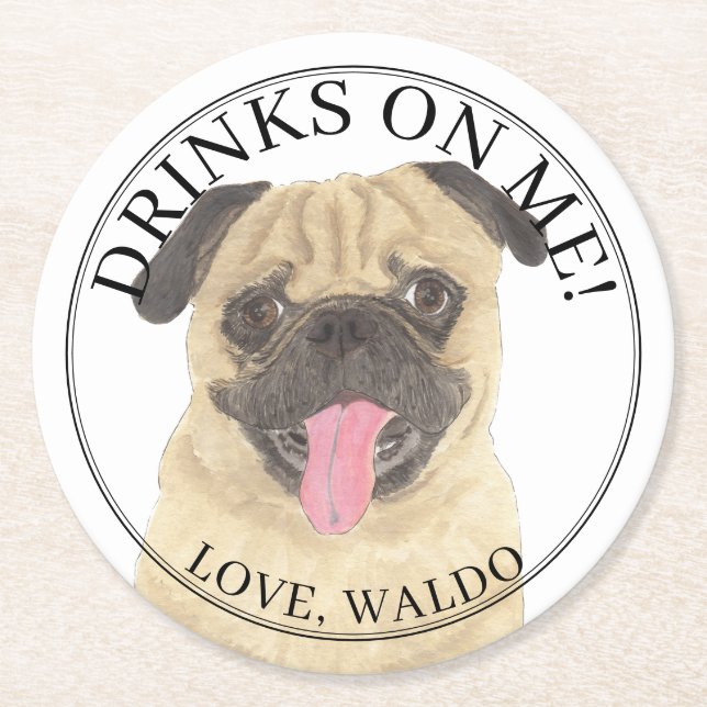 Personalised Pug Dog Wedding Round Paper Coaster (Front)
