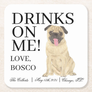 Personalised Pug Dog Wedding Square Paper Coaster