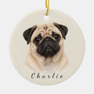 Personalised Pug Dog with Custom Name Ceramic Tree Decoration