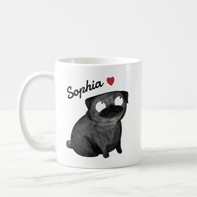 Personalised Pug Mug, Black Pug Custom Name cup (Left)