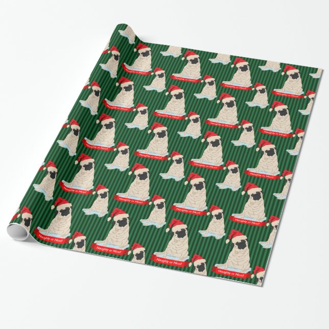 Personalised Pug Naughty Nice Santa Hat Christmas Wrapping Paper (Unrolled)