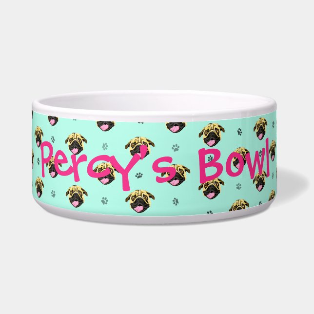 Personalised Pug Print Dog Bowl (Front)