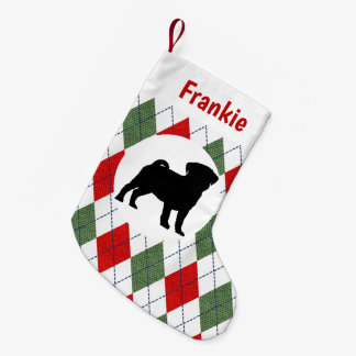 Personalised Pug Red And Green Argyle Pattern Small Christmas Stocking