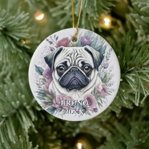 Personalised Pug Watercolor Floral Christmas Ceramic Tree Decoration