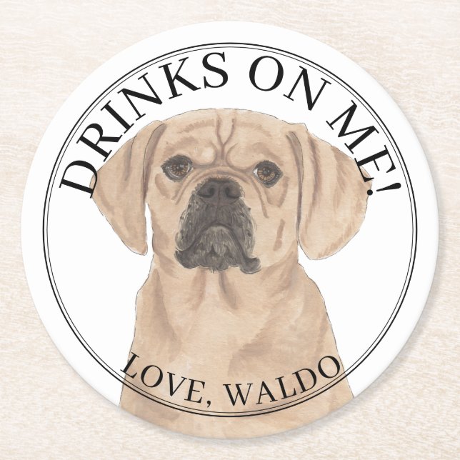 Personalised Puggle Dog Wedding Round Paper Coaster (Front)