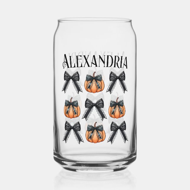 Personalised Pumpkin Bow Halloween Party Favour Can Glass (Front)