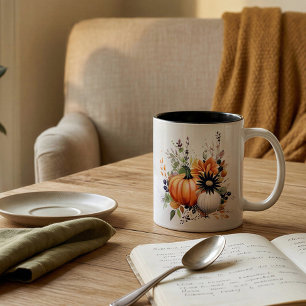 Personalised Pumpkin Floral Fall Harvest Bouquet Two-Tone Coffee Mug