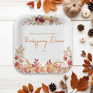 Personalised Pumpkin Floral Thanksgiving Dinner Paper Plate