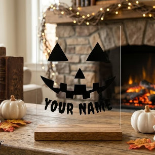 Personalised Pumpkin Halloween Name Black & White Acrylic Sign