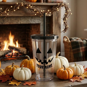 Personalised Pumpkin Halloween Name Black & White Acrylic Tumbler