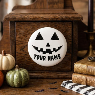 Personalised Pumpkin Halloween Name Black & White Ceramic Knob