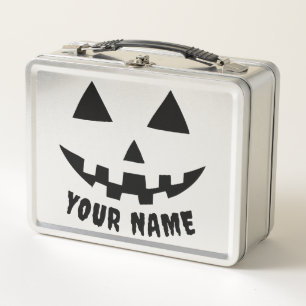 Personalised Pumpkin Halloween Name Black & White Metal Lunch Box
