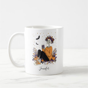 Personalised Pumpkin Spice Skeleton Floral Crown Coffee Mug