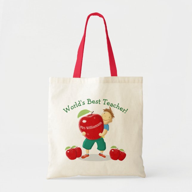 Personalised Pupil With Apple World's Best Teacher Tote Bag (Front)