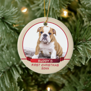 Personalised Puppy 1st Christmas Pet Photo Red Ceramic Tree Decoration