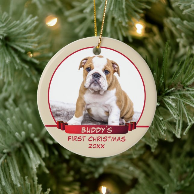 Personalised Puppy 1st Christmas Pet Photo Red Ceramic Tree Decoration (Tree)