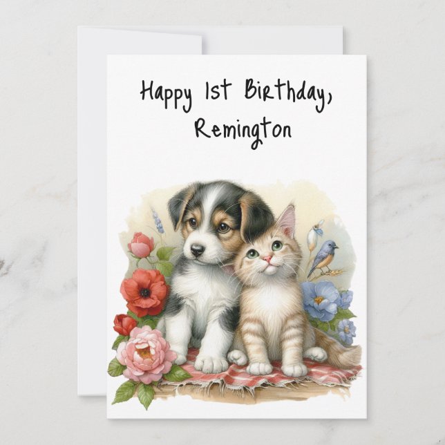 Personalised Puppy and Kitten Baby First Birthday  Card (Front)
