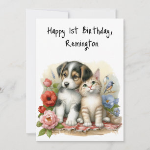 Personalised Puppy and Kitten Baby First Birthday  Card