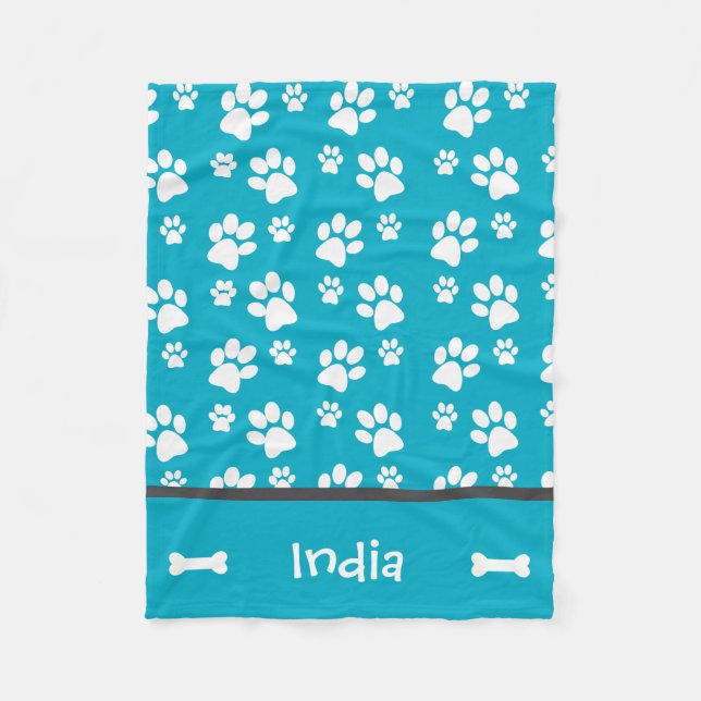 Personalised Puppy Dog Paw Print  Blanket Teal (Front)