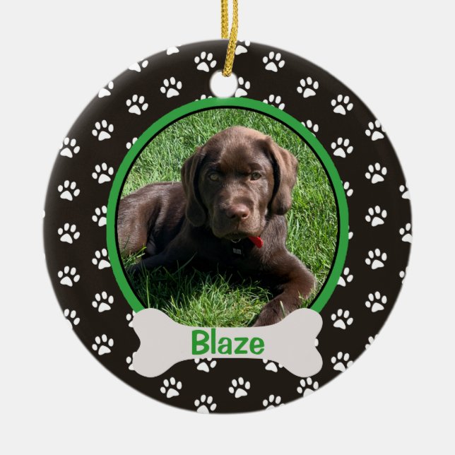 Personalised Puppy Dog Paw Print Bone Photo Pet Ceramic Tree Decoration (Front)