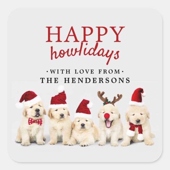 Personalised Puppy Dogs Happy Howlidays Christmas Square Sticker (Front)
