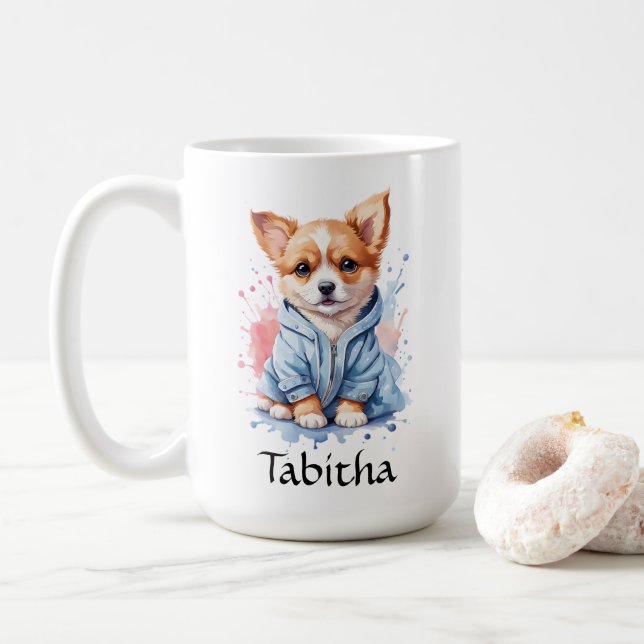 Personalised Puppy Watercolor Illustration  Coffee Mug (With Donut)