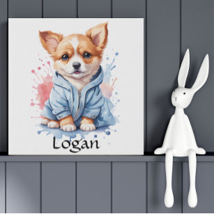 Personalised Puppy Watercolor Illustration  Faux Canvas Print