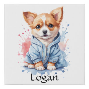 Personalised Puppy Watercolor Illustration  Faux Canvas Print