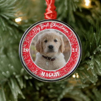 Personalised Puppy's First Christmas Photo Metal O Metal Tree Decoration