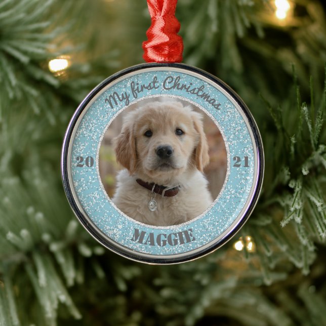 Personalised Puppy's First Christmas Photo Metal Tree Decoration (Tree)