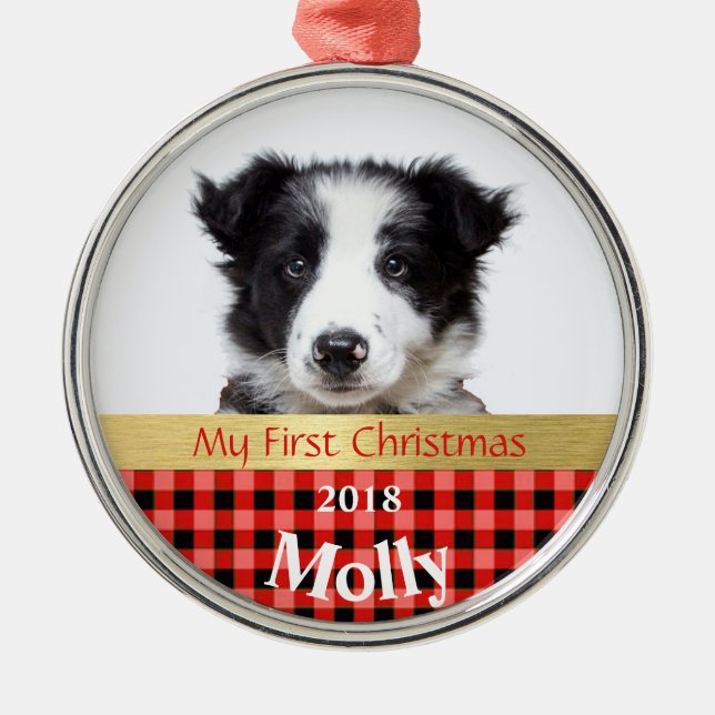 Personalised Puppy's First Christmas Photo Metal Tree Decoration (Front)