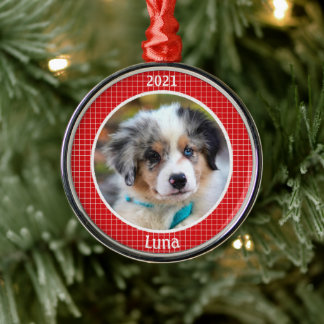 Personalised Puppy's First Christmas Photo Metal Tree Decoration