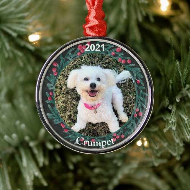 Personalised Puppy's First Christmas Photo Metal Tree Decoration (Tree)