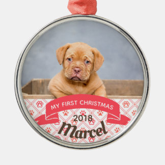 Personalised Puppy's First Christmas Photo Metal Tree Decoration