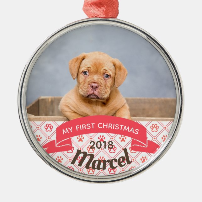Personalised Puppy's First Christmas Photo Metal Tree Decoration (Front)