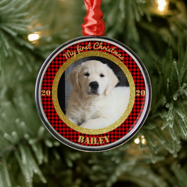 Personalised Puppy's First Christmas Photo Metal Tree Decoration (Tree)