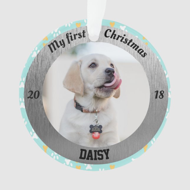 Personalised Puppy's First Christmas Photo Ornament (Front)