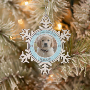 Personalised Puppy's First Christmas Photo Snowflake Pewter Christmas Ornament