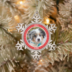 Personalised Puppy's First Christmas Photo Snowflake Pewter Christmas Ornament
