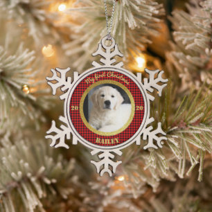 Personalised Puppy's First Christmas Photo Snowflake Pewter Christmas Ornament